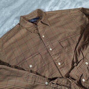 Vintage Polo Ralph Lauren Plaid Button Shirt Mens M (Fits L) Double Pocket Brown